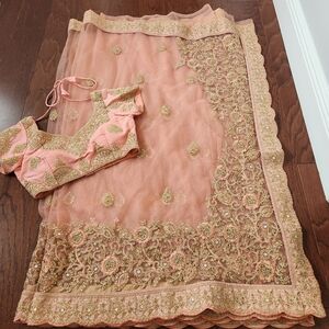 Elegant Peach and Gold Simmer Embroidered Net Saree
